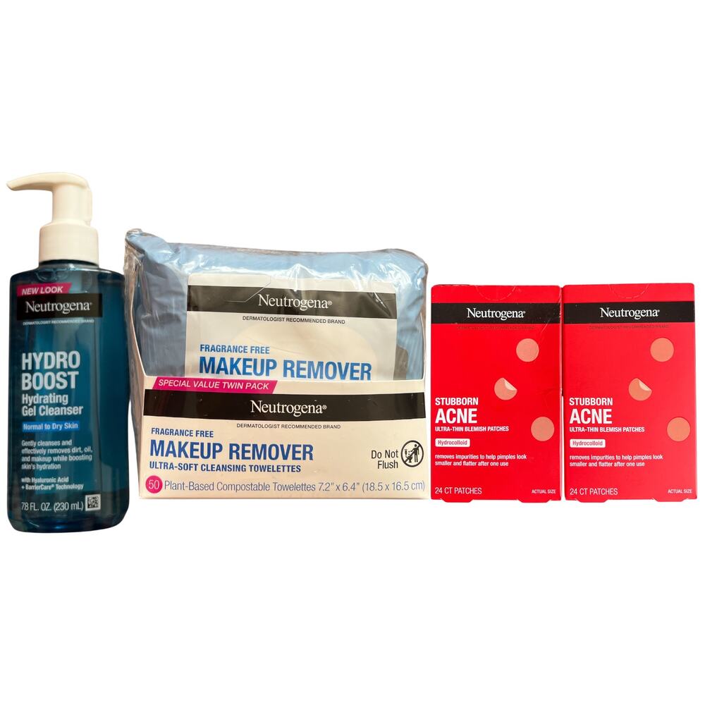 Lot 4 Neutrogena Hydro Boost Gel Cleanser Face Wash+Makeup Wipes+Patch